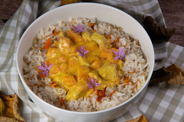 Recipe for chicken curry and papaya sauce with vermicelli rice. High quality photo