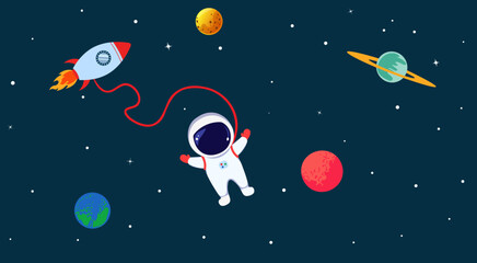 Set of astronaut, rocket and planets in space on dark background. Cute flat vector illustration for kids birthday party invitation card design, back to school concept, copy space for your text.