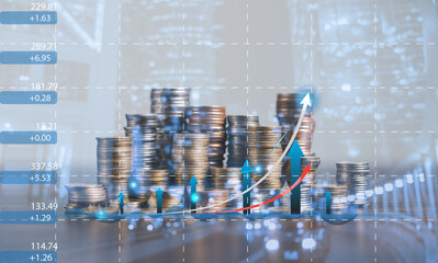 Banking Finance Investment Business Concept. Double exposure image of bank or coin money and graph chart with city background. Account management diagram with market growth statistics. economy datum.