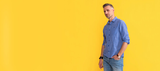 Man face portrait, banner with copy space. deadline. time management. mens wardrobe. modern life...