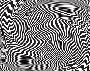 Line art optical art. Psychedelic background. Monochrome background. Optical illusion style. Black dark background. Tire Tracks. Graphic ornament. Vector templat