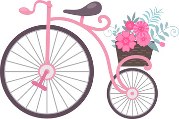 Retro vintage pink bicycle with a basket of flowers, cartoon flat style illustration © babanova