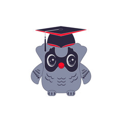 Cartoon bird owl in an academic confederate cap. Vector illustration isolated on white background. Flat design..