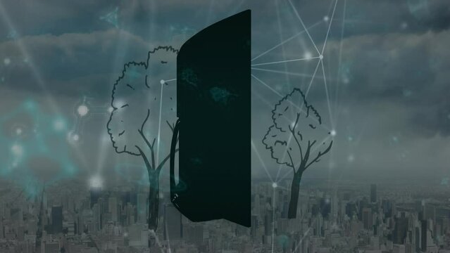 Animation of network of connections and trees over cityscape