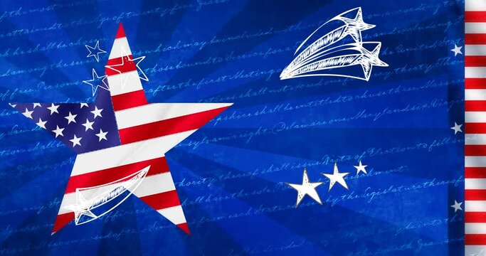 Animation of star with usa flag over blue background with writings