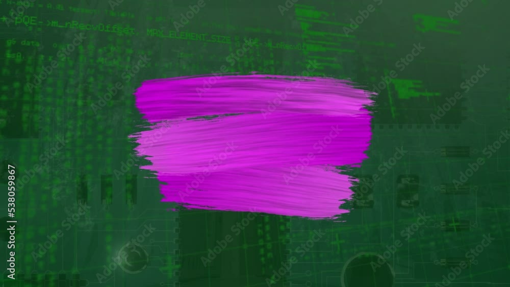 Poster animation of pink brush paint lines over data processing and servers