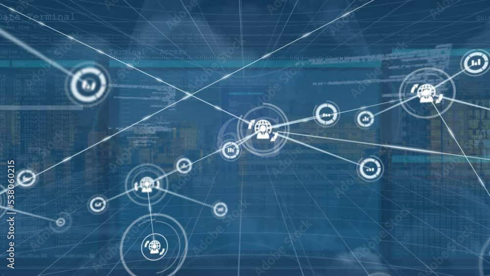 Poster animation of network of connections with icons over empty office