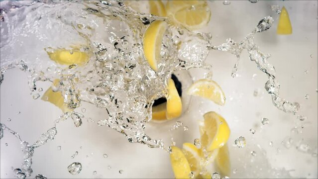 Super Slow Motion of Explosion Lemon and Burst Water and Slices