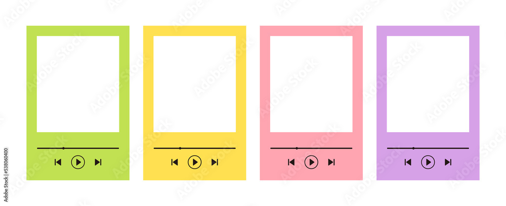 Poster a set of photo frame design illustrations of a colorful music player concept. there is a blank space