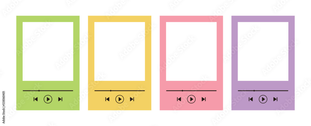 Poster a set of photo frame design illustrations of a colorful music player concept. there is a blank space