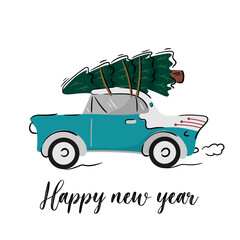 Obraz premium Retro car with a Christmas tree. The car is carrying gifts.Vector illustration.