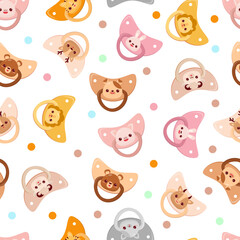 Seamless children's pattern on a white background. A dummy with animals. Pacifier for children