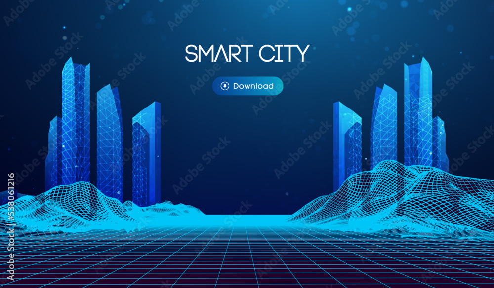 Poster wireframe landscape with smart city. technology background blue in low poly style. data security 3d 