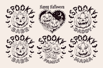 Round vintage emblems with text, silhouette of bats, pumpkins like human characters such as parents and kids. Holiday monochrome illustration on a white background