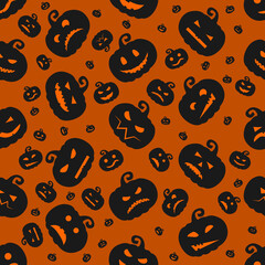 Seamless orange background for packaging products for halloween. Black pumpkin with different emotions on the face. October. Vector