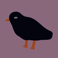 Cute bird card design  with black simple bird on violet background. Funny print  in childish style for t-shirts, posters, nursary design and etc