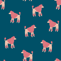Cute minimalistic pattern with pink poodles on blue background. Vector seamless texture for kids fabric or home decor.