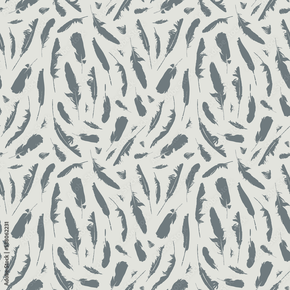 Poster seamless pattern with grey disheveled feathers on light backdrop. monochrome vector background with 
