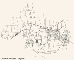 Detailed navigation black lines urban street roads map of the ORTSCHAFT NORDOST DISTRICT of the German regional capital city of Salzgitter, Germany on vintage beige background