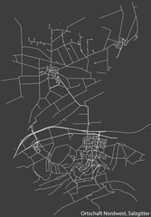 Detailed negative navigation white lines urban street roads map of the ORTSCHAFT NORDWEST DISTRICT of the German regional capital city of Salzgitter, Germany on dark gray background