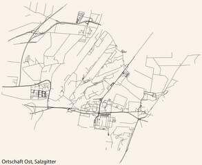 Detailed navigation black lines urban street roads map of the ORTSCHAFT OST DISTRICT of the German regional capital city of Salzgitter, Germany on vintage beige background