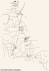 Detailed navigation black lines urban street roads map of the ORTSCHAFT SÜDOST DISTRICT of the German regional capital city of Salzgitter, Germany on vintage beige background