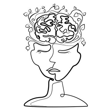 recommend clip art: Human face head with open brain and branches with leaves growing from it Abstract line drawing,poster design,print,logo,icon,emblem,isolated vector.Mental health.Head with brain Surreal illustration