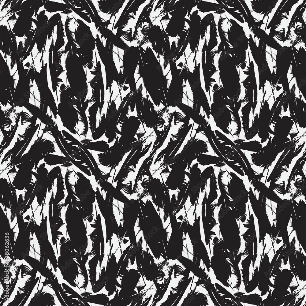 Poster abstract seamless pattern with chaotic scattered bird feathers. black feathers on white backdrop. mo