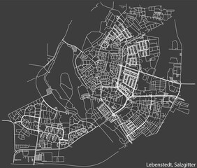 Detailed negative navigation white lines urban street roads map of the LEBENSTEDT QUARTER of the German regional capital city of Salzgitter, Germany on dark gray background