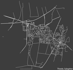 Detailed negative navigation white lines urban street roads map of the THIEDE QUARTER of the German regional capital city of Salzgitter, Germany on dark gray background