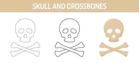 Skull And Crossbones tracing and coloring worksheet for kids