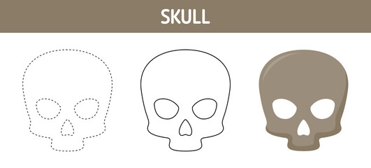 Skull tracing and coloring worksheet for kids