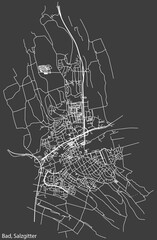 Detailed negative navigation white lines urban street roads map of the SALZGITTER-BAD QUARTER of the German regional capital city of Salzgitter, Germany on dark gray background