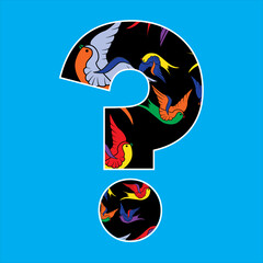 Illustration large artistic question mark isolated on blue background. Graphic unusual interrogation point with pattern of colorful swallow birds.
