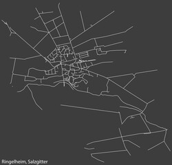 Detailed negative navigation white lines urban street roads map of the RINGELHEIM QUARTER of the German regional capital city of Salzgitter, Germany on dark gray background