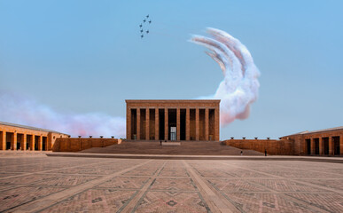Mausoleum of Ataturk - Air Force aerobatic team performing demonstration flight over mausoleum of Anitkabir - Ankara Turkey  - obrazy, fototapety, plakaty