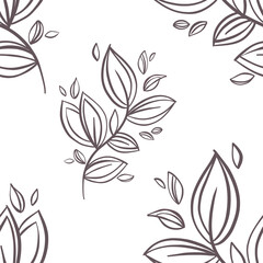 Seamless pattern with botanic outline wildflower, branch, leaves. Hand drawn floral abstract pencil sketch field flower, plant on background line art illustration for textile, fabric, packaging 