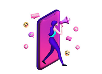 Beautiful woman shouting in loud speaker with social media icons. Influencer social media marketing, blogger, vlogging, social influencer and influencer marketing concept