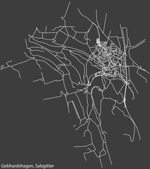 Detailed negative navigation white lines urban street roads map of the GEBHARDSHAGEN QUARTER of the German regional capital city of Salzgitter, Germany on dark gray background