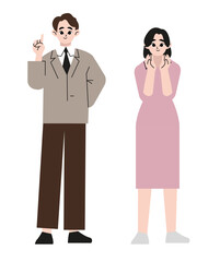 Business man and woman - colored vector modern flat design composition of smiling people cartoon characters. Office workers representing responsibility, success, leadership.