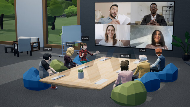 People as avatars together with workers using webcams having a conference call meeting in a virtual metaverse VR office, discussing financial report stats. Generic 3d rendering