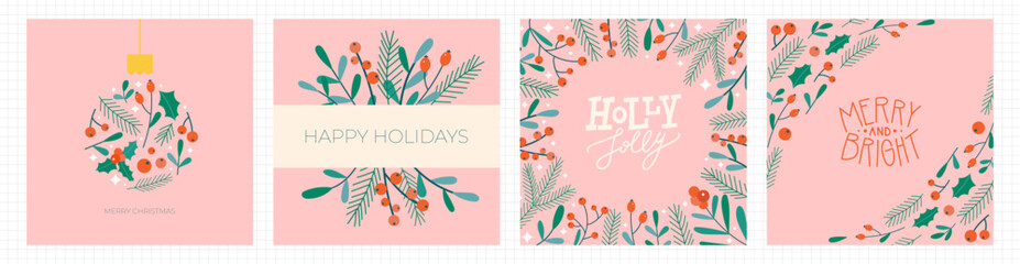 Christmas floral greeting card set. Flat modern letterings with cute fir branches, red berries and ilex. Perfect for New Year letter, invitation, flyer template.