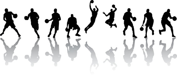set of illustrations of a silhouette of a basketball player