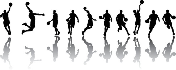 set of silhouettes of people playing basketball