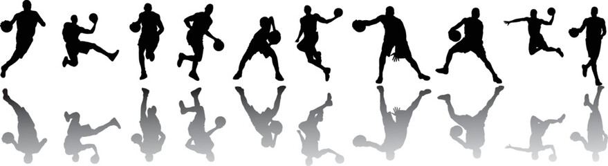 set of illustrations of a silhouette of a basketball player