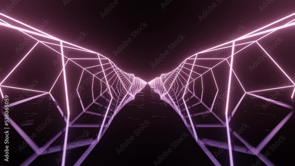 Aufkleber moving forward between two neon glowing geometric constructions. abstract sci fi geometric backgroun