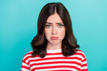 Closeup photo of young attractive gorgeous nice woman wear striped t-shirt pouted lips unhappy sad...