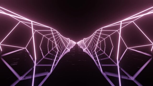 Moving forward between two neon glowing geometric constructions. Abstract sci fi geometric background. Futuristic tunnel concept. Glowing in mirror floor with reflections. 3d animation loop