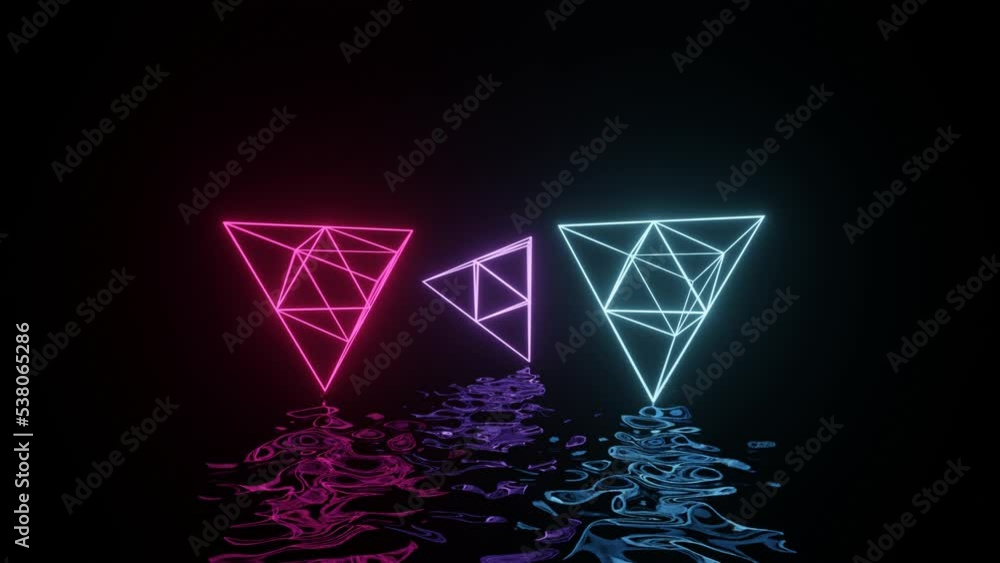 Poster neon glowing pyramids moving in dark space with reflections on the liquid floor. futuristic animatio