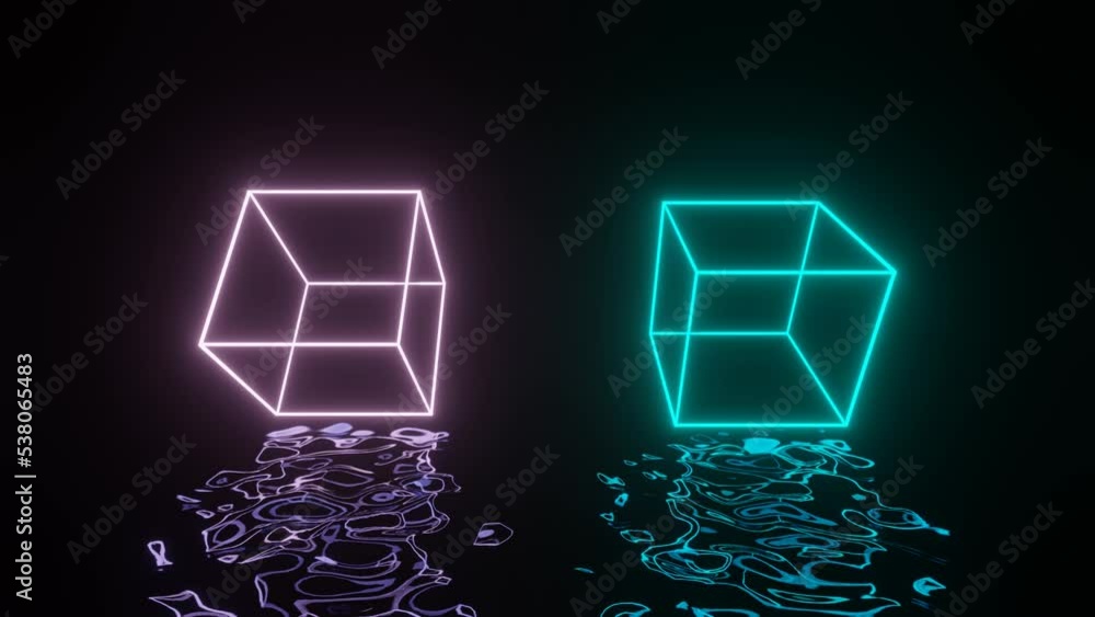 Poster neon glowing cubes moving in dark space with reflections on the liquid floor. seamless loop abstract